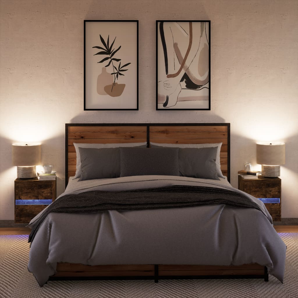 vidaXL Wall-mounted Bedside Cabinets with LED Lights 2 pcs Smoked Oak