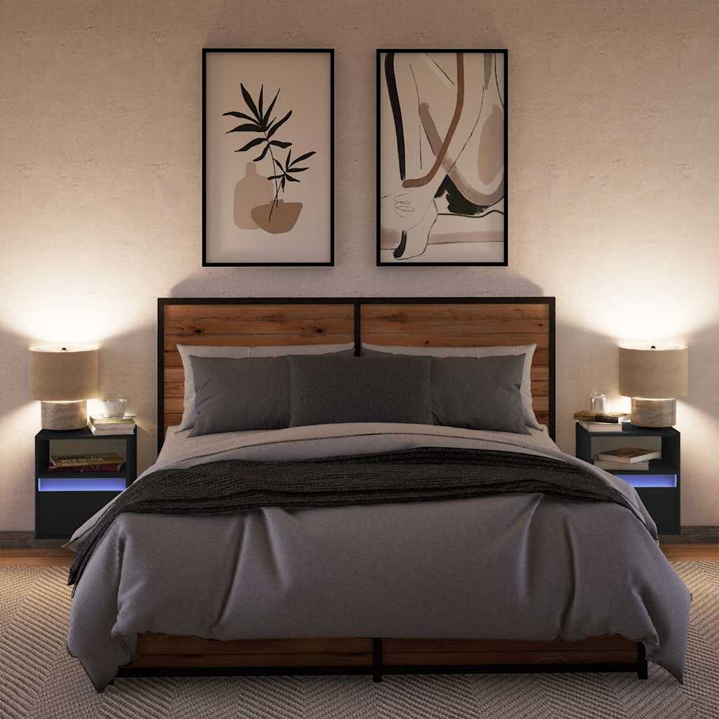 vidaXL Wall-mounted Bedside Cabinets with LED Lights 2 pcs Black