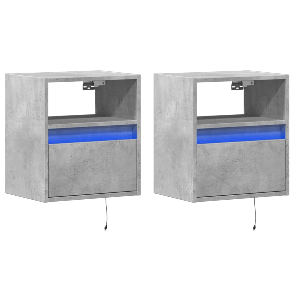 vidaXL Wall-mounted Bedside Cabinets with LED 2 pcs Concrete Grey