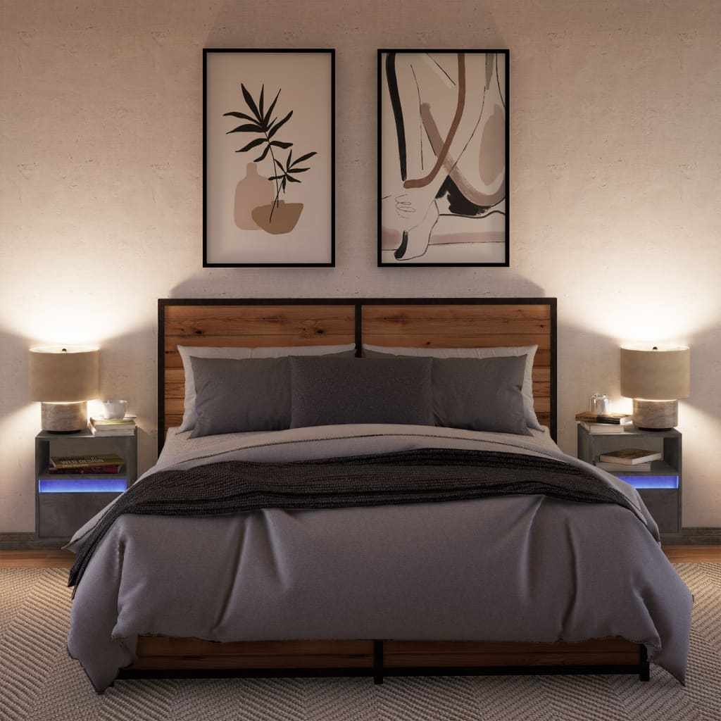 vidaXL Wall-mounted Bedside Cabinets with LED 2 pcs Concrete Grey