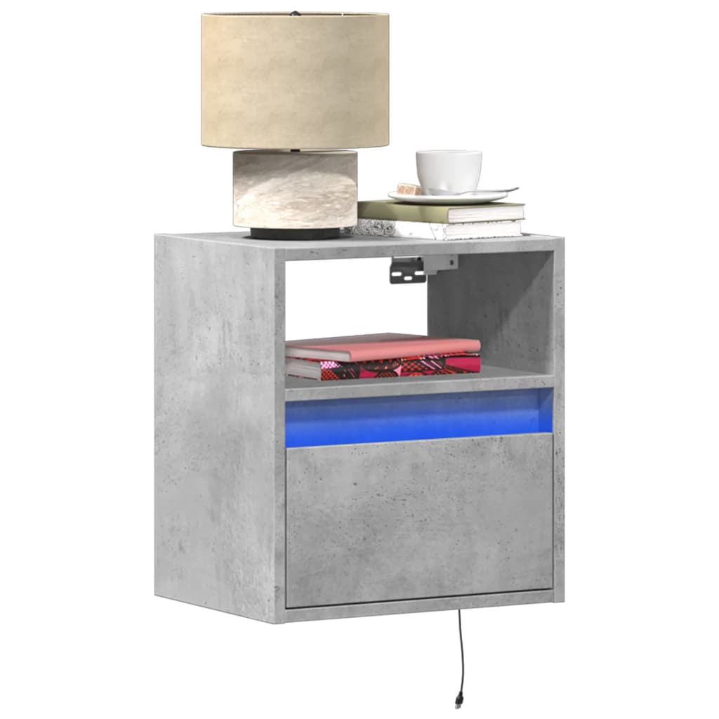 vidaXL Wall-mounted Bedside Cabinets with LED 2 pcs Concrete Grey