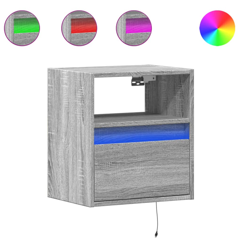 vidaXL Wall-mounted Bedside Cabinets with LED Lights 2 pcs Grey Sonoma
