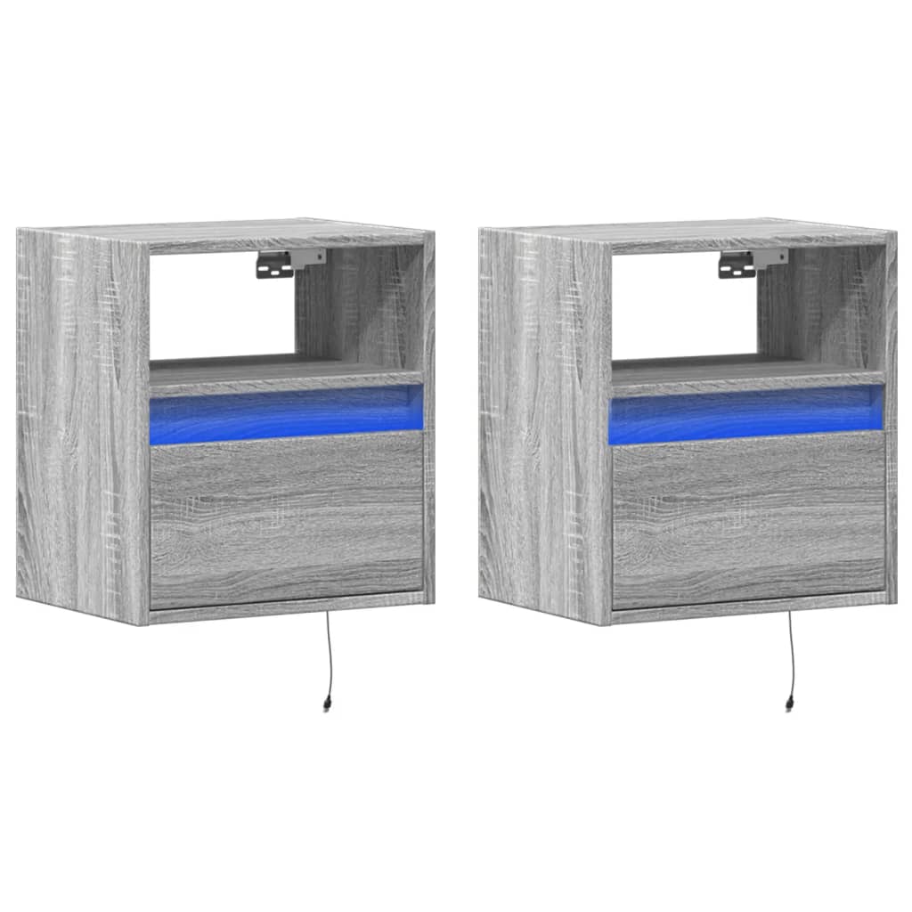 vidaXL Wall-mounted Bedside Cabinets with LED Lights 2 pcs Grey Sonoma