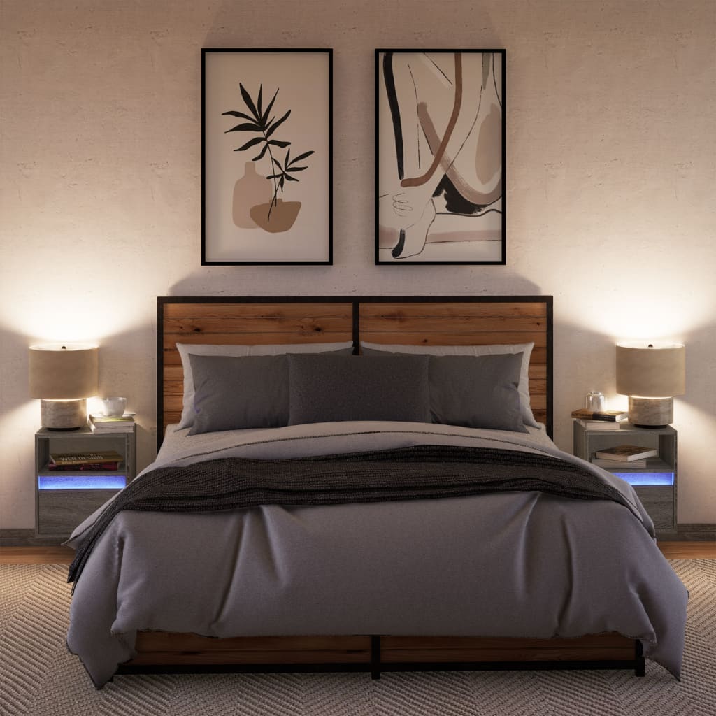 vidaXL Wall-mounted Bedside Cabinets with LED Lights 2 pcs Grey Sonoma