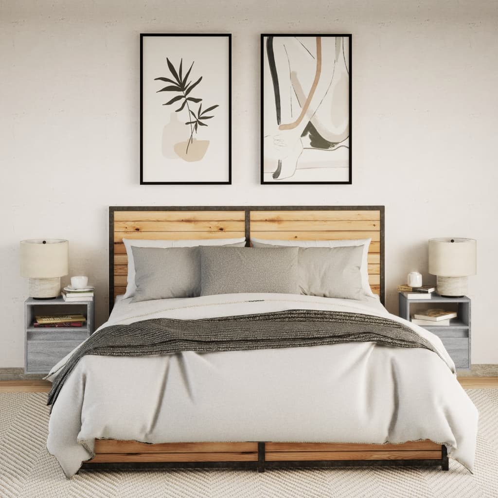 vidaXL Wall-mounted Bedside Cabinets with LED Lights 2 pcs Grey Sonoma