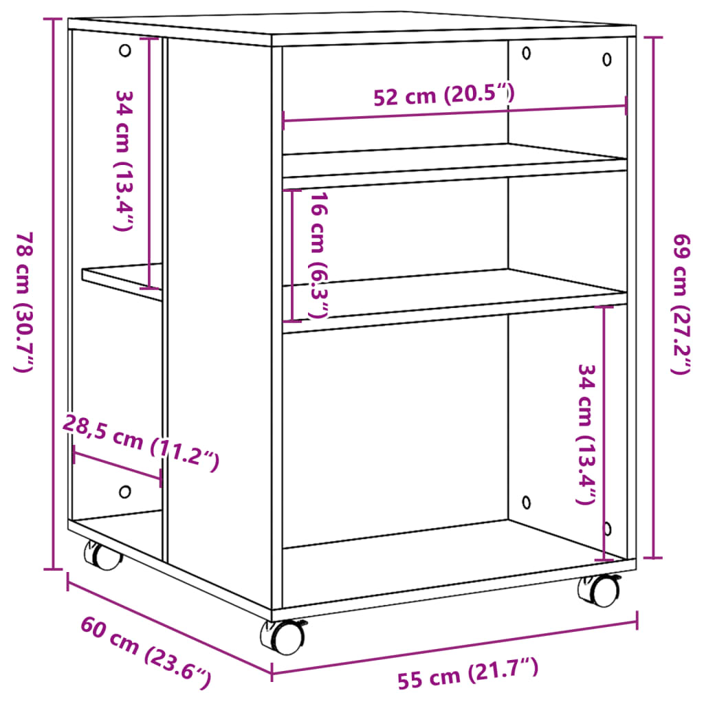vidaXL Side Table with Wheels Old Wood 55x60x78 cm Engineered Wood