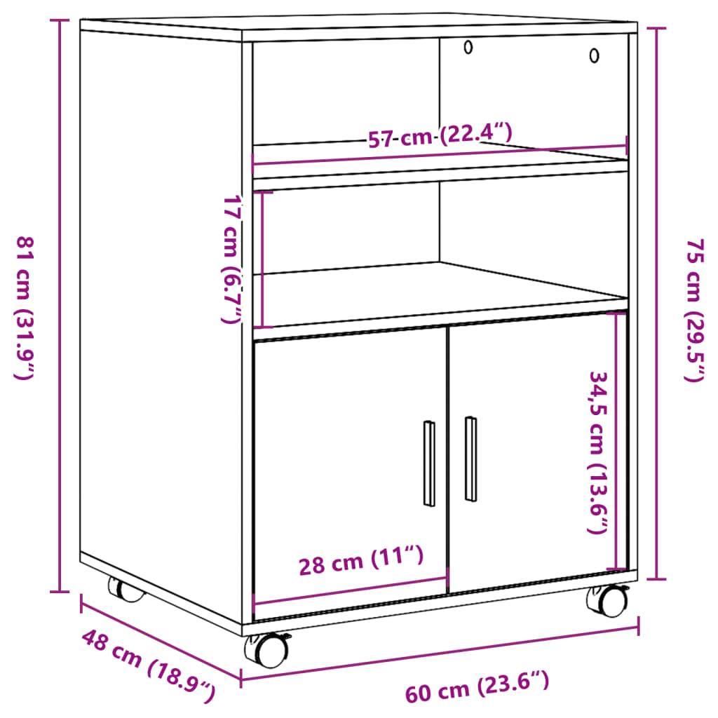 vidaXL Rolling Cabinet Brown Oak 60x48x81 cm Engineered Wood
