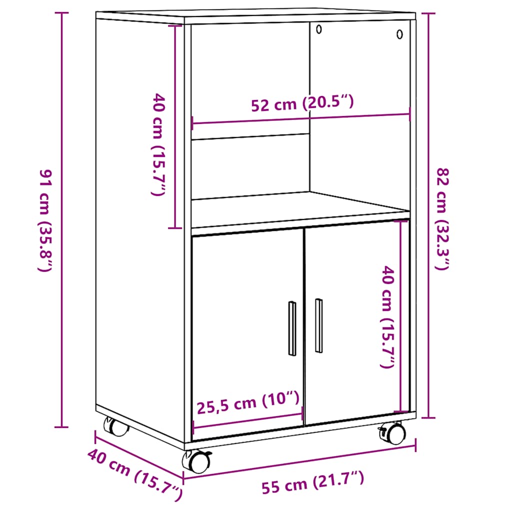 vidaXL Rolling Cabinet Sonoma Oak 55x40x91 cm Engineered Wood
