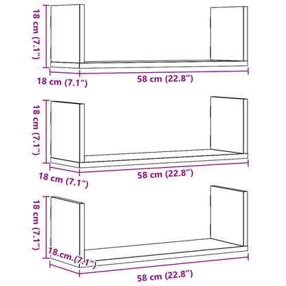 vidaXL Wall Shelves 3 pcs Black 58x18x18 cm Engineered Wood