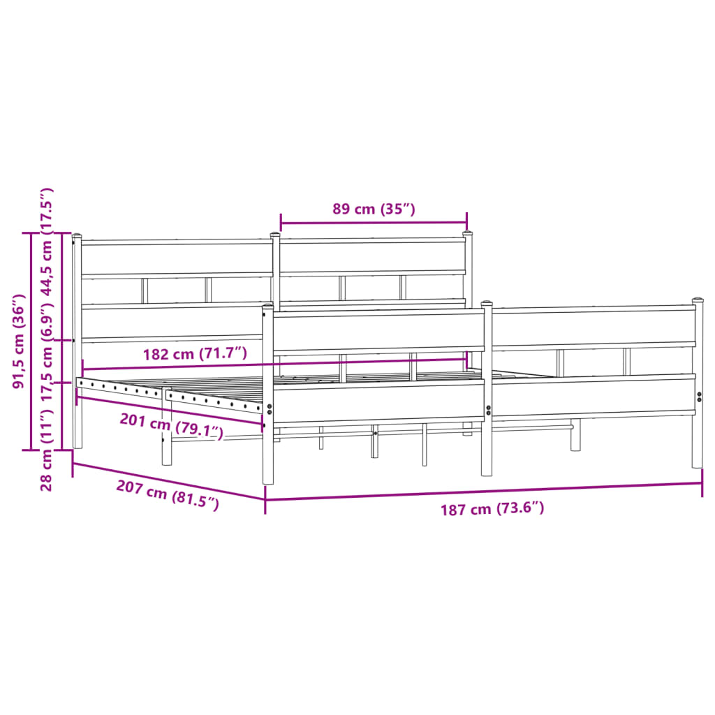 vidaXL Metal Bed Frame without Mattress Brown Oak 180x200 cm Super King