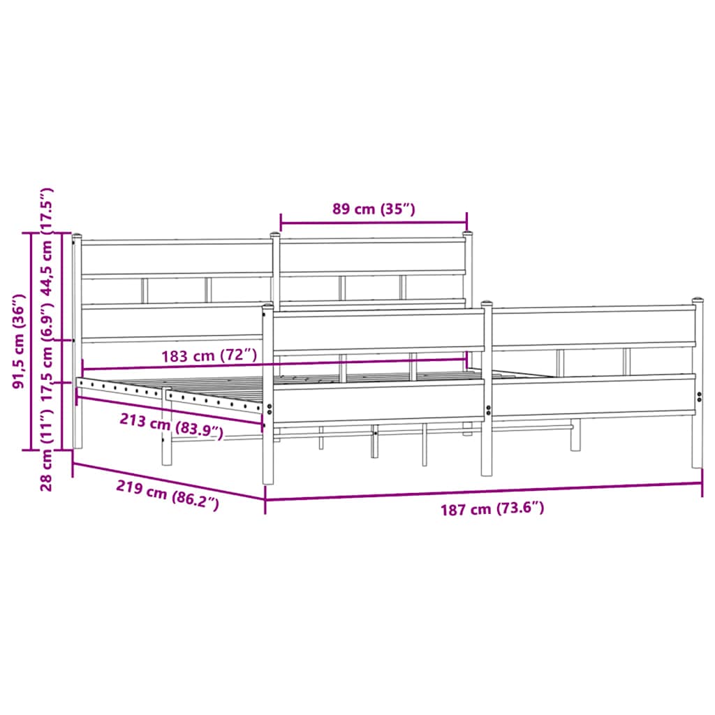 vidaXL Metal Bed Frame without Mattress Brown Oak 183x213 cm