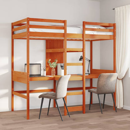 vidaXL Loft Bed Frame with Desk and Shelves Wax Brown 90x200cm Solid Wood Pine