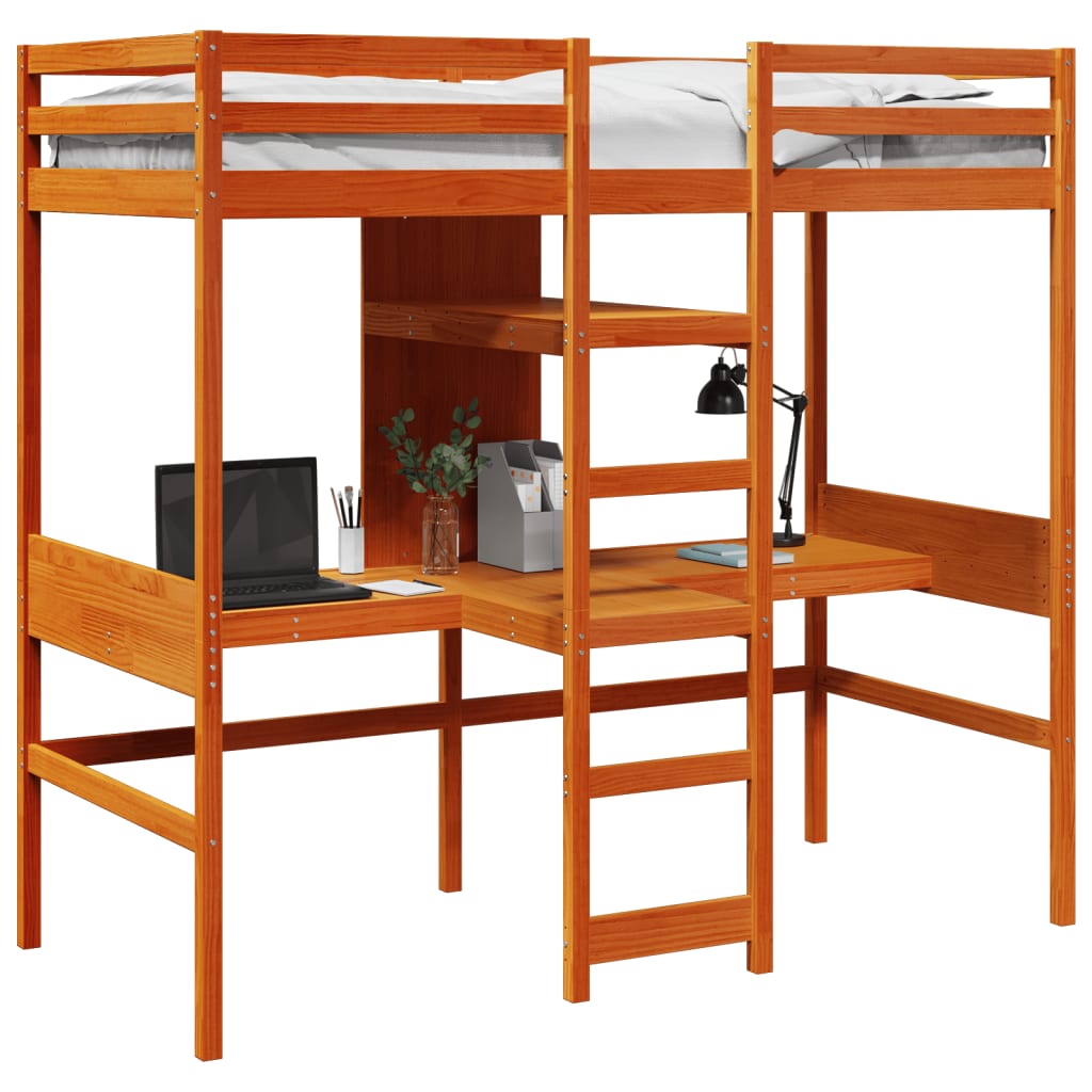 vidaXL Loft Bed Frame with Desk and Shelves Wax Brown 90x200cm Solid Wood Pine