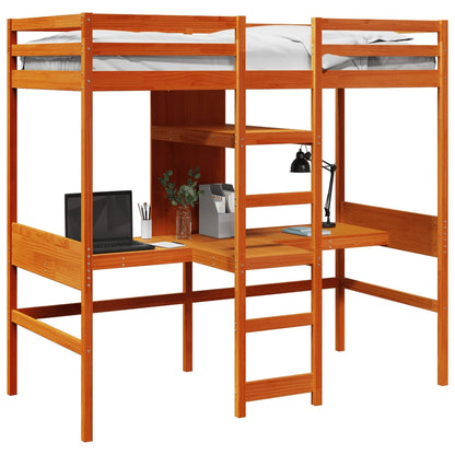 vidaXL Loft Bed Frame with Desk and Shelves Wax Brown 90x200cm Solid Wood Pine