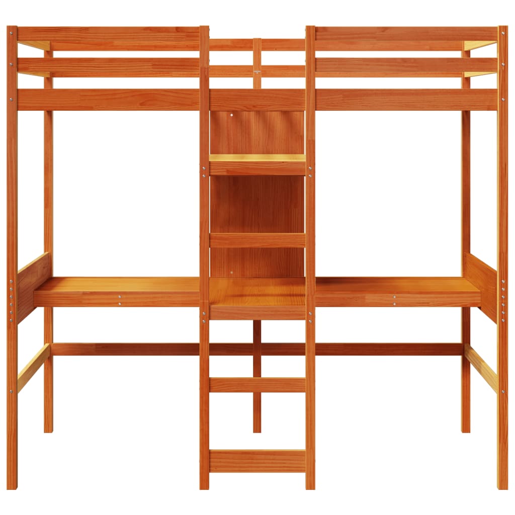 vidaXL Loft Bed Frame with Desk and Shelves Wax Brown 90x200cm Solid Wood Pine