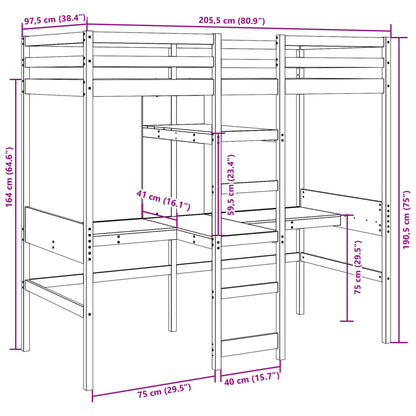 vidaXL Loft Bed Frame with Desk and Shelves Wax Brown 90x200cm Solid Wood Pine