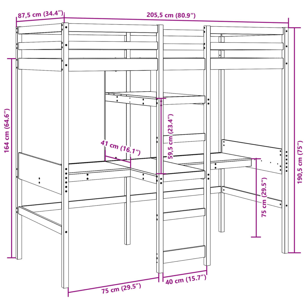 vidaXL Loft Bed Frame without Mattress 80x200cm Solid Wood Pine
