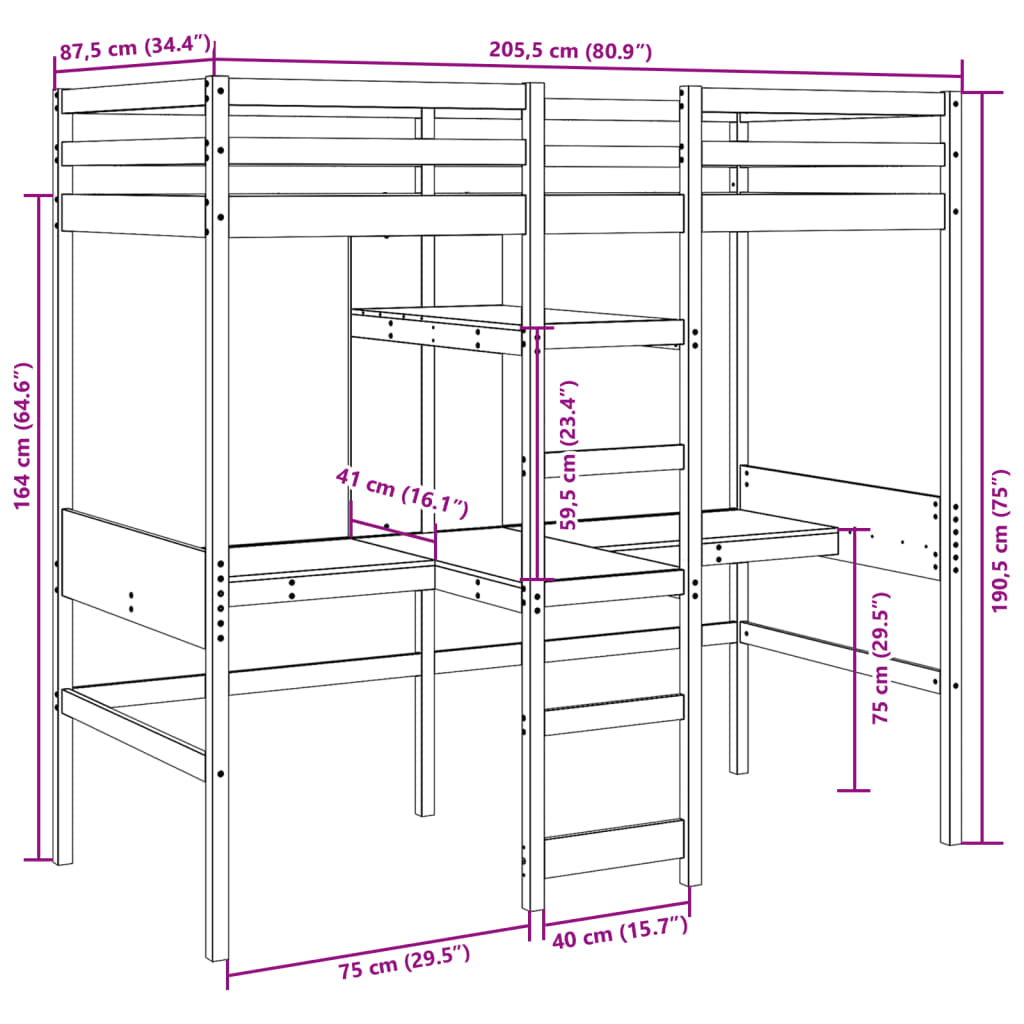 vidaXL Loft Bed Frame without Mattress White 80x200cm Solid Wood Pine