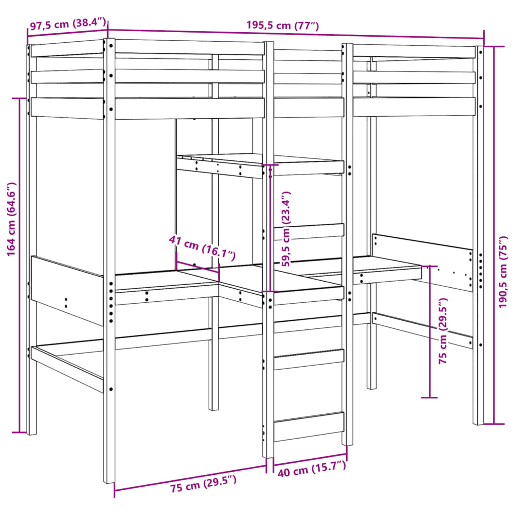 vidaXL Loft Bed Frame without mattress Wax Brown 90x190cm Solid Wood Pine
