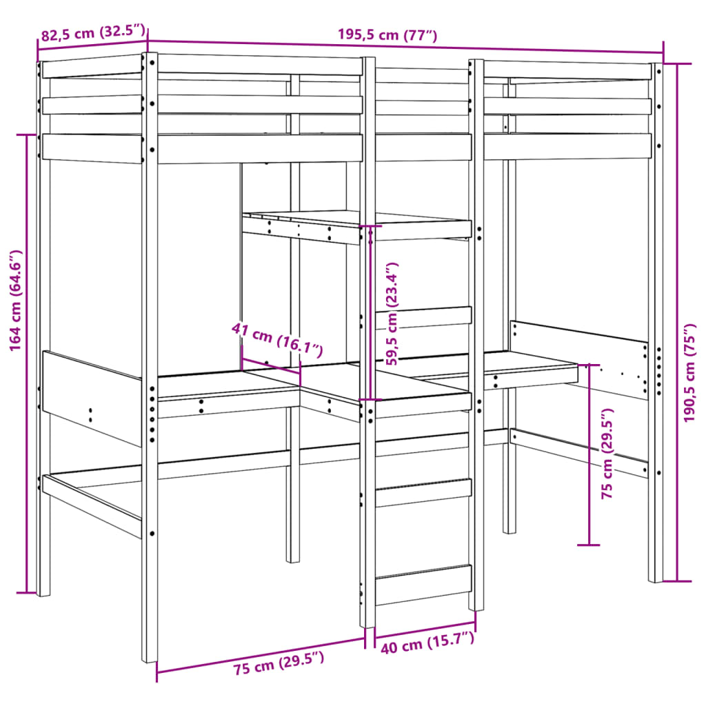 vidaXL Loft Bed Frame without Mattress White 75x190cm Solid Wood Pine
