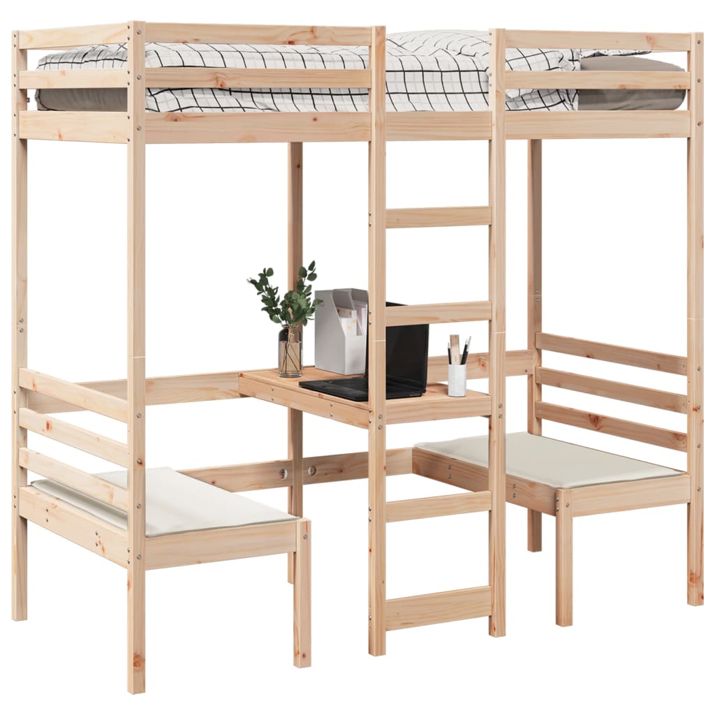vidaXL Loft Bed Frame with Desk and Chairs 90x200cm Solid Wood Pine