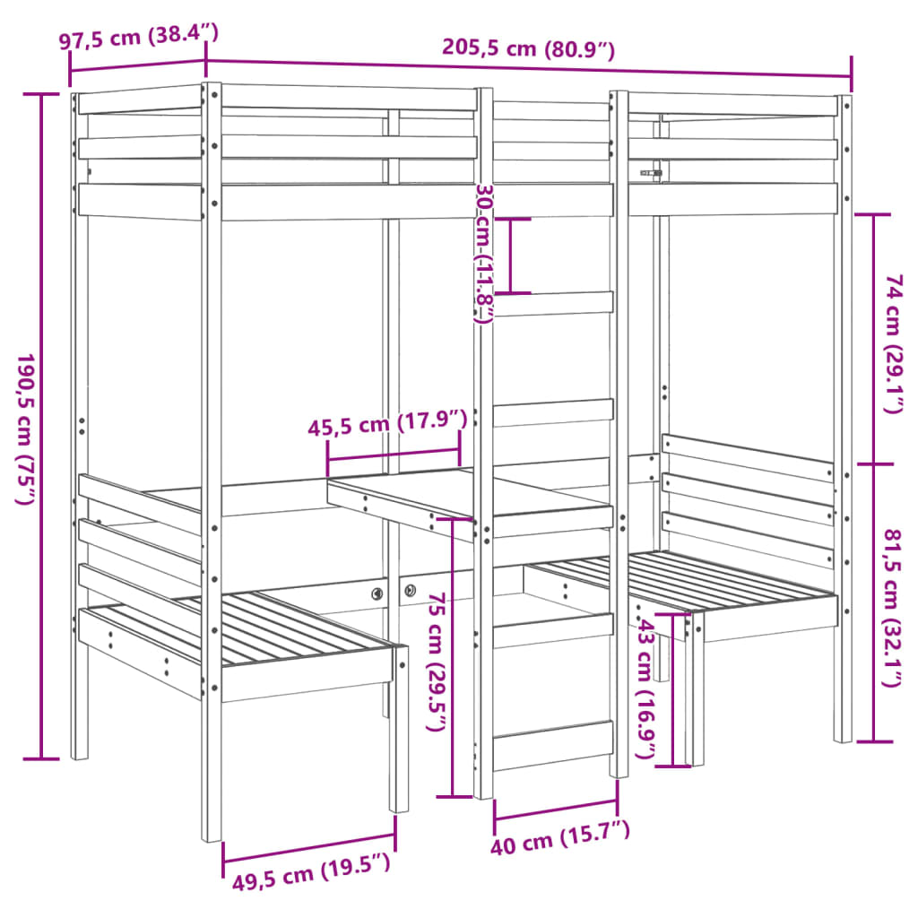 vidaXL Loft Bed Frame with Desk and Chairs 90x200cm Solid Wood Pine