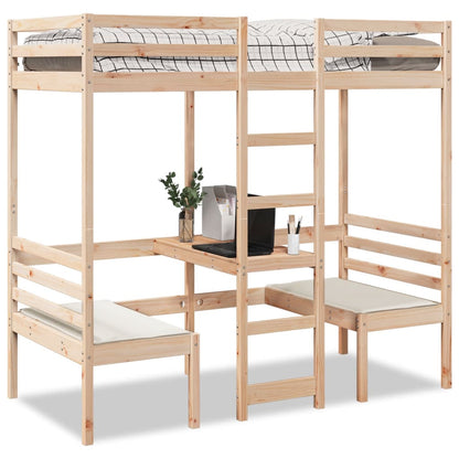 vidaXL Loft Bed Frame with Desk and Chairs 90x200cm Solid Wood Pine