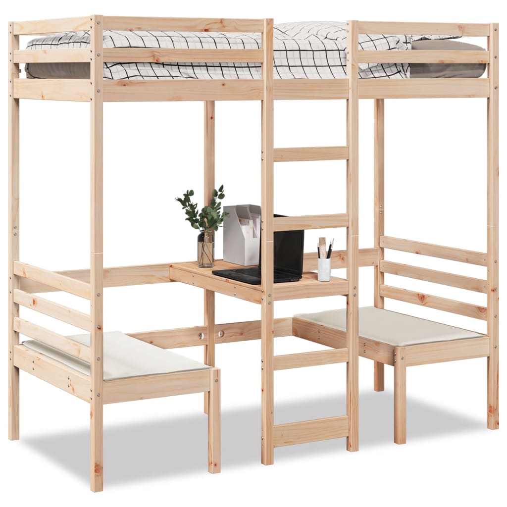vidaXL Loft Bed Frame with Desk and Chairs 90x200cm Solid Wood Pine