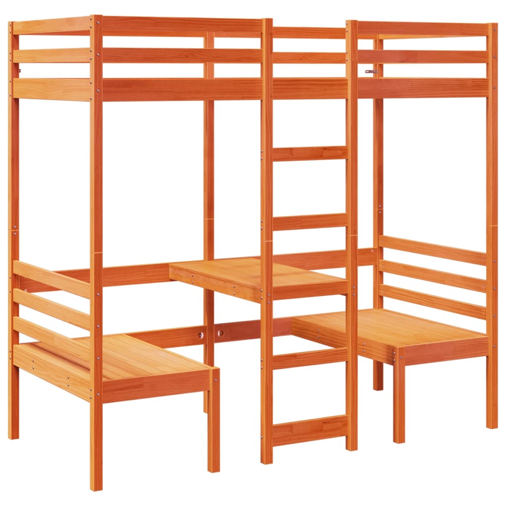 vidaXL Loft Bed Frame with Desk and Chairs Wax Brown 90x200cm Solid Wood Pine