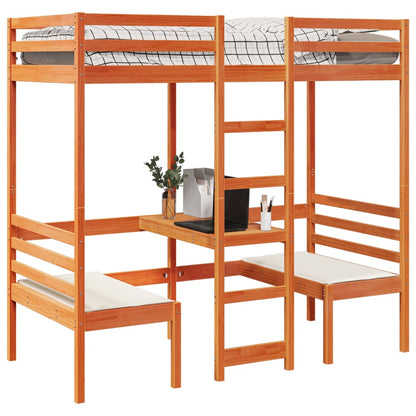 vidaXL Loft Bed Frame with Desk and Chairs Wax Brown 90x200cm Solid Wood Pine
