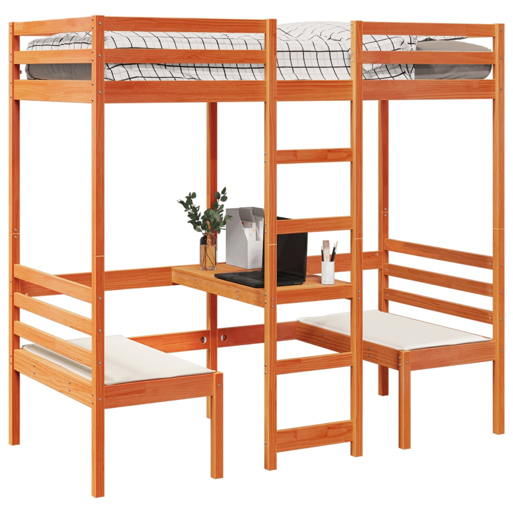 vidaXL Loft Bed Frame with Desk and Chairs Wax Brown 90x200cm Solid Wood Pine