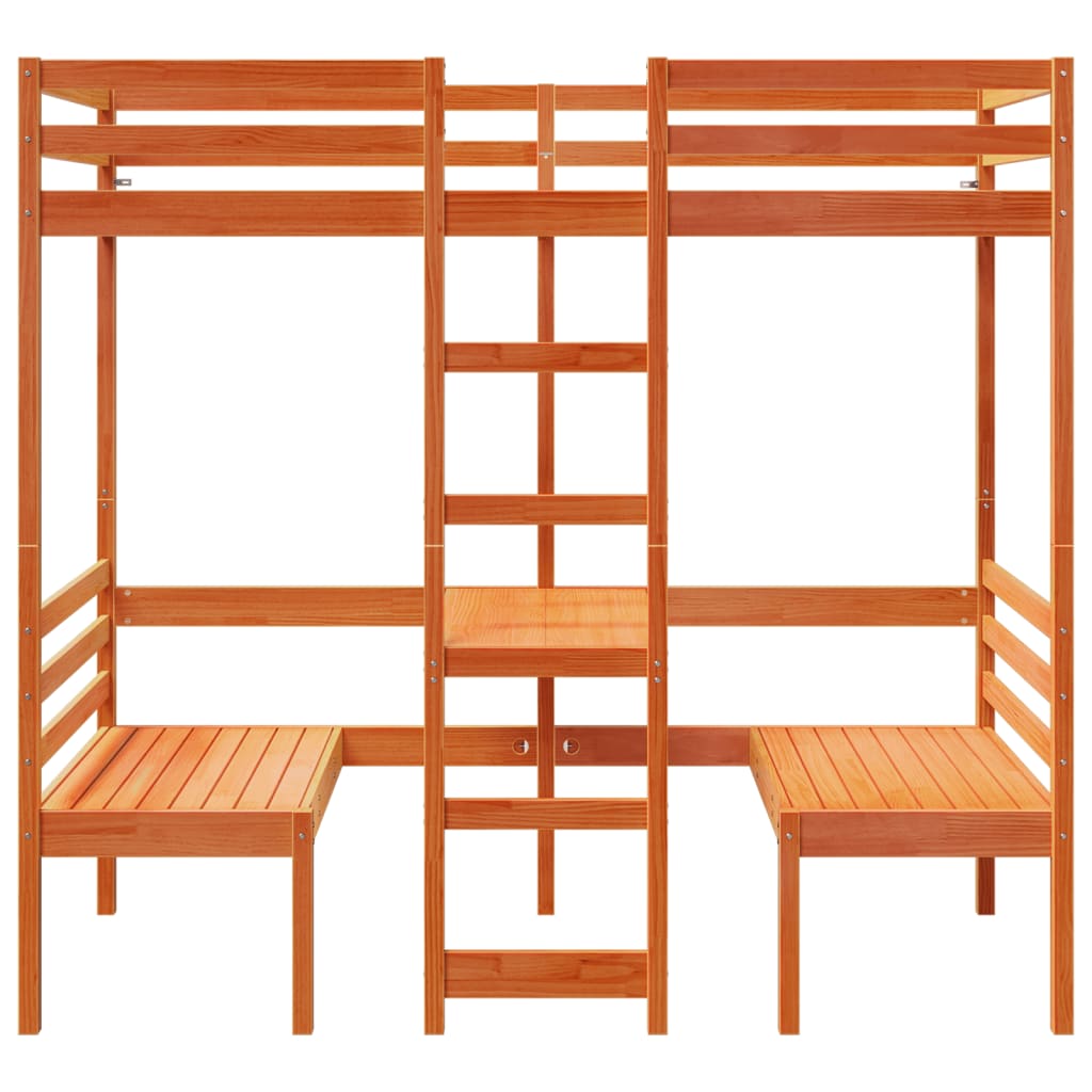 vidaXL Loft Bed Frame with Desk and Chairs Wax Brown 90x200cm Solid Wood Pine