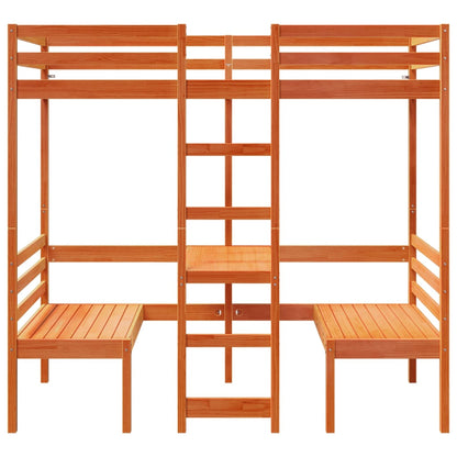 vidaXL Loft Bed Frame with Desk and Chairs Wax Brown 90x200cm Solid Wood Pine