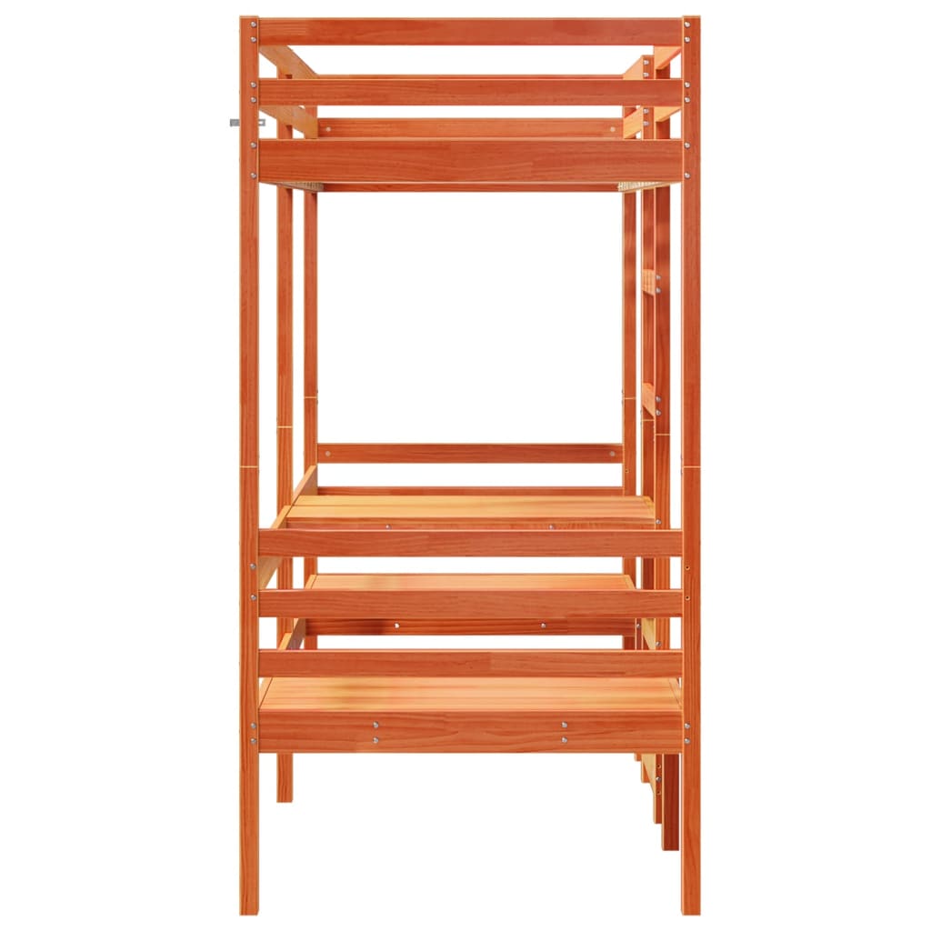 vidaXL Loft Bed Frame with Desk and Chairs Wax Brown 90x200cm Solid Wood Pine
