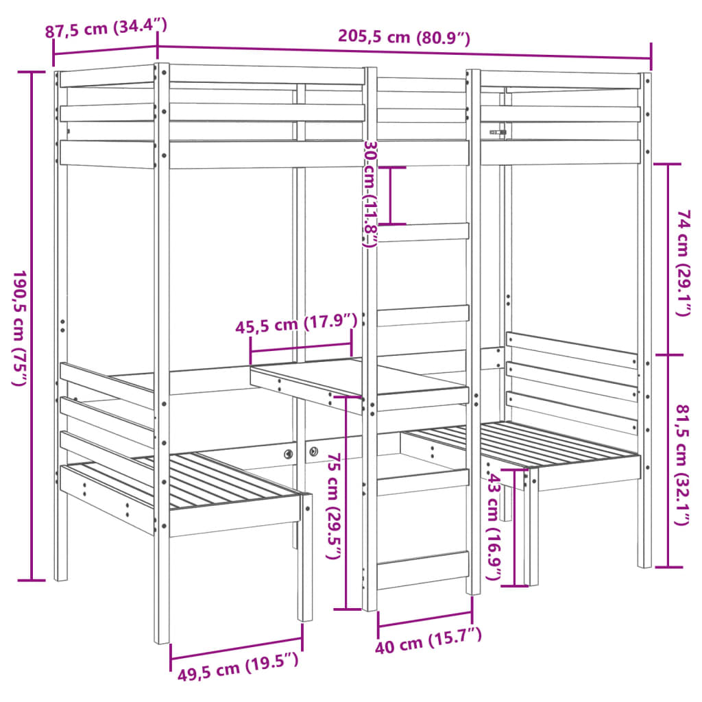 vidaXL Loft Bed Frame with Desk and Chairs 80x200cm Solid Wood Pine