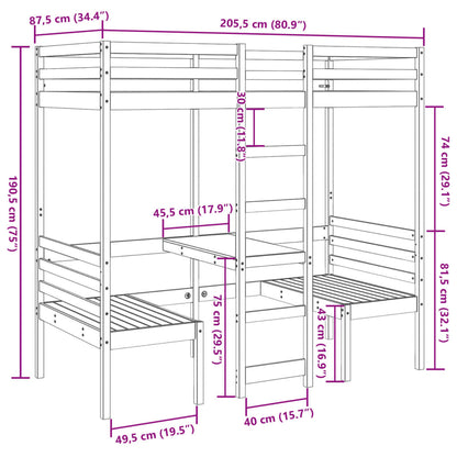vidaXL Loft Bed Frame with Desk and Chairs 80x200cm Solid Wood Pine