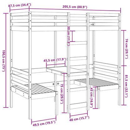 vidaXL Loft Bed Frame with Desk and Chairs White 80x200cm Solid Wood Pine