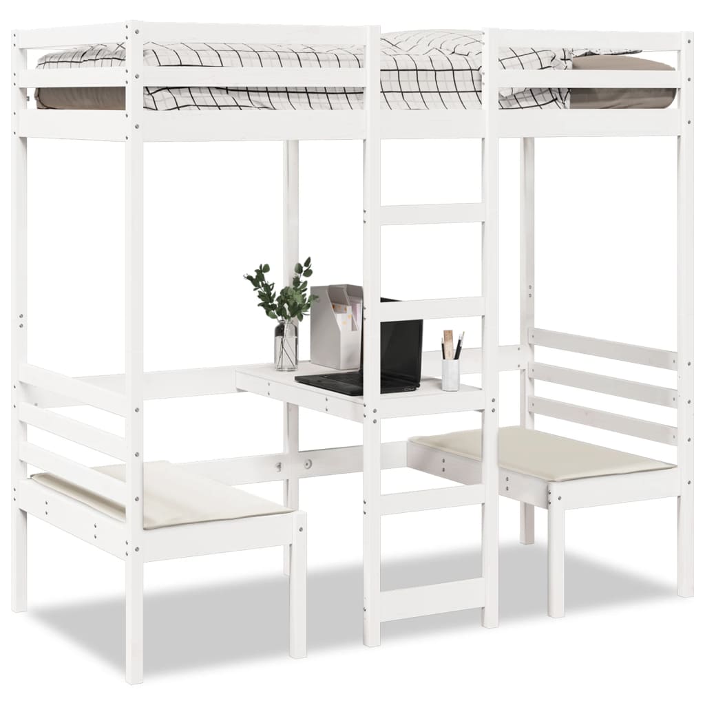 vidaXL Loft Bed Frame with Desk and Chairs White 80x200cm Solid Wood Pine