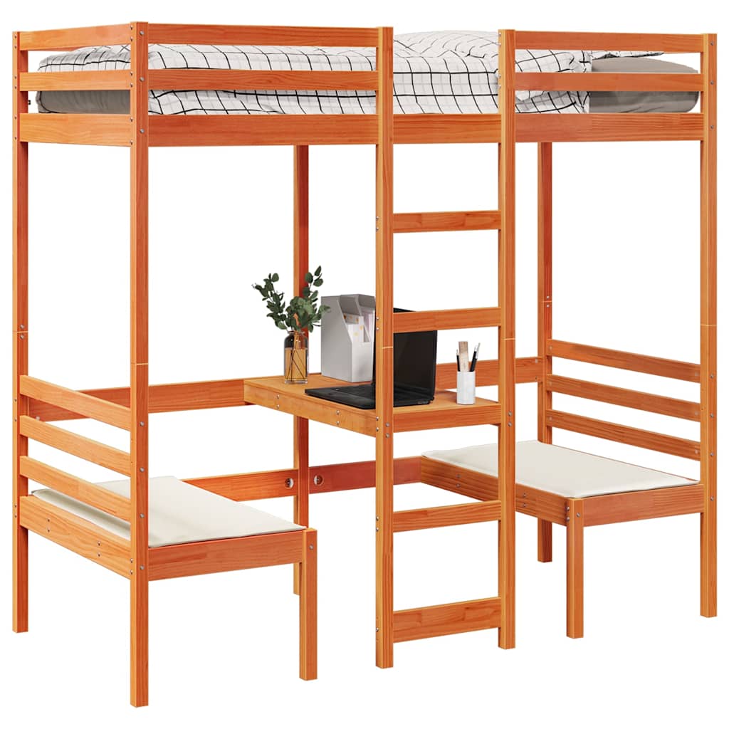 vidaXL Loft Bed Frame with Desk and Chairs Wax Brown 80x200cm Solid Wood Pine