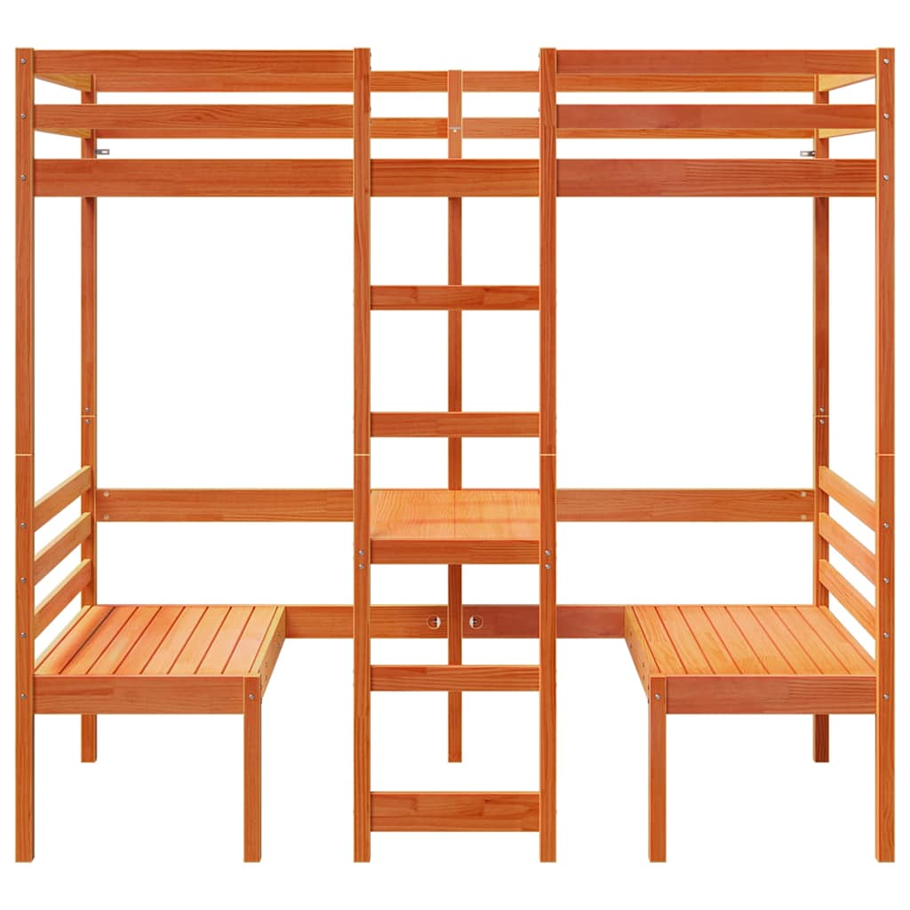 vidaXL Loft Bed Frame with Desk and Chairs Wax Brown 80x200cm Solid Wood Pine