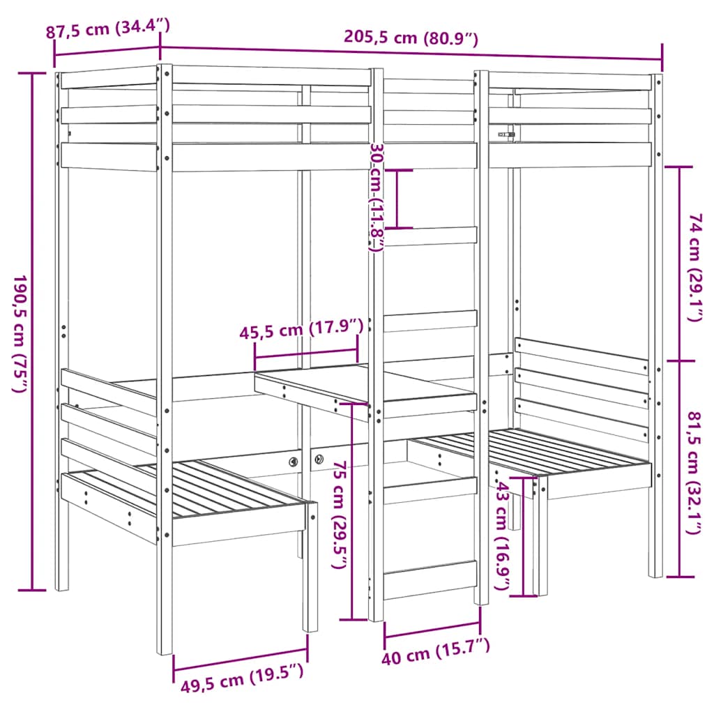 vidaXL Loft Bed Frame with Desk and Chairs Wax Brown 80x200cm Solid Wood Pine