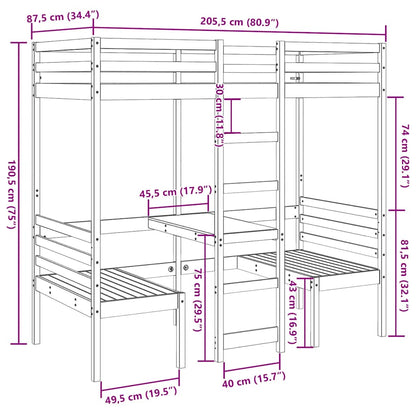 vidaXL Loft Bed Frame with Desk and Chairs Wax Brown 80x200cm Solid Wood Pine