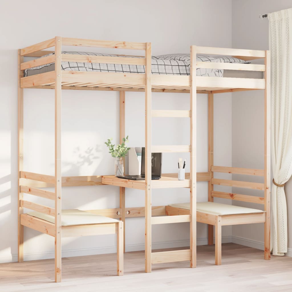 vidaXL Loft Bed Frame with Desk and Chairs 90x190cm Solid Wood Pine