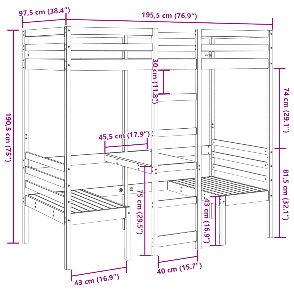 vidaXL Loft Bed Frame with Desk and Chairs 90x190cm Solid Wood Pine