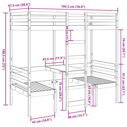 vidaXL Loft Bed Frame with Desk and Chairs 90x190cm Solid Wood Pine