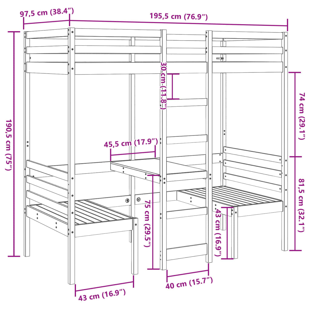 vidaXL Loft Bed Frame with Desk and Chairs White 90x190cm Solid Wood Pine