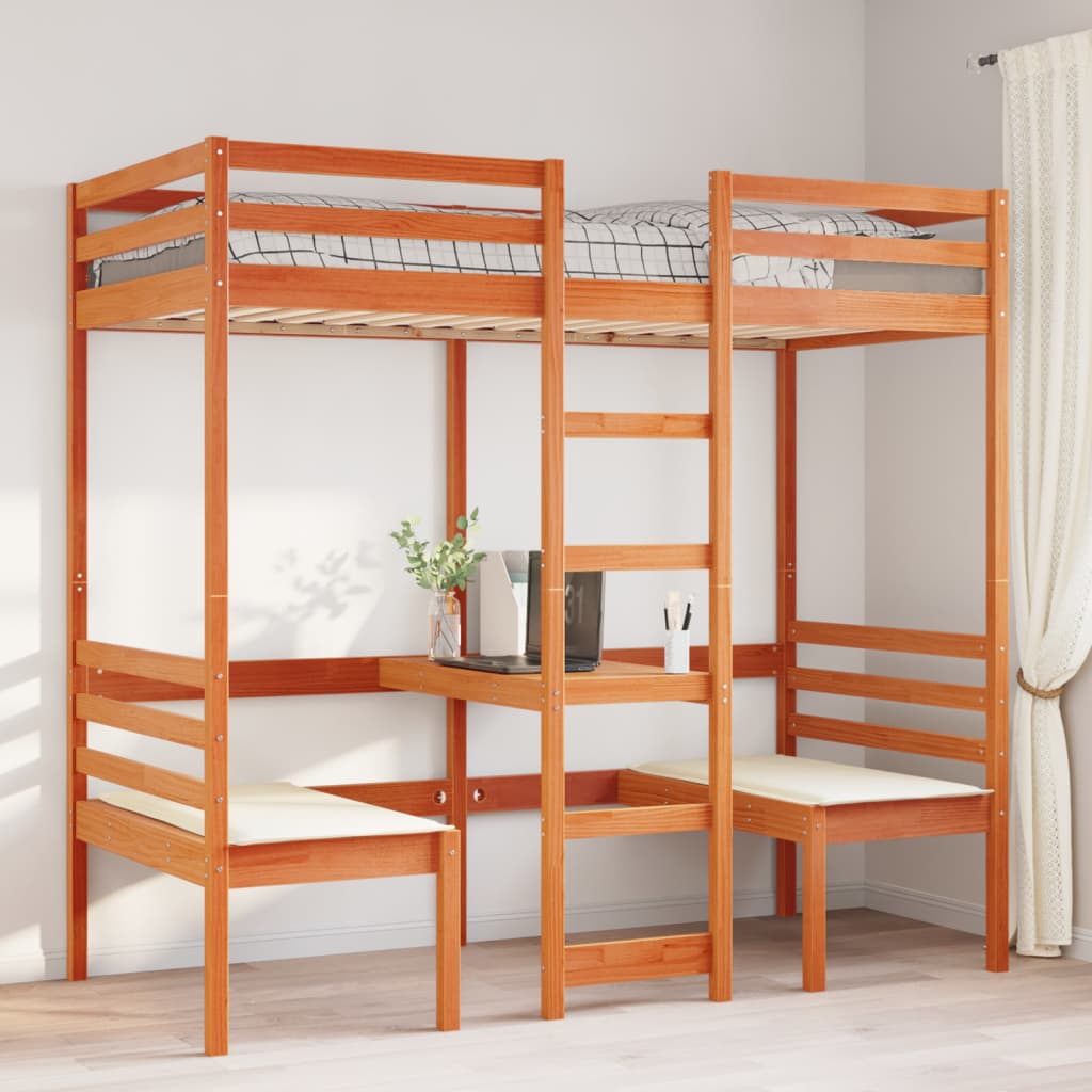 vidaXL Loft Bed Frame with Desk and Chairs Wax Brown 90x190cm Solid Wood Pine