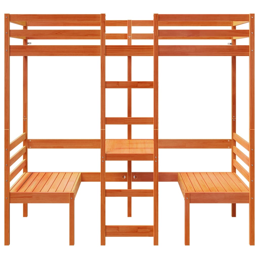 vidaXL Loft Bed Frame with Desk and Chairs Wax Brown 90x190cm Solid Wood Pine