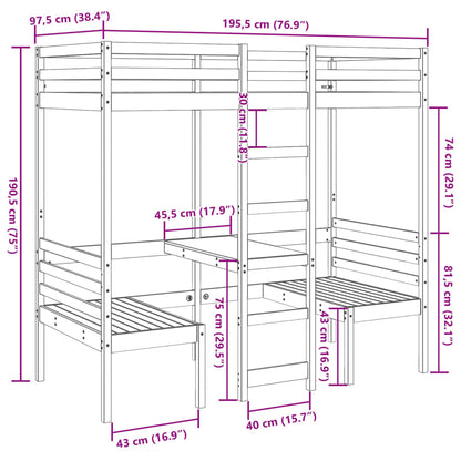 vidaXL Loft Bed Frame with Desk and Chairs Wax Brown 90x190cm Solid Wood Pine