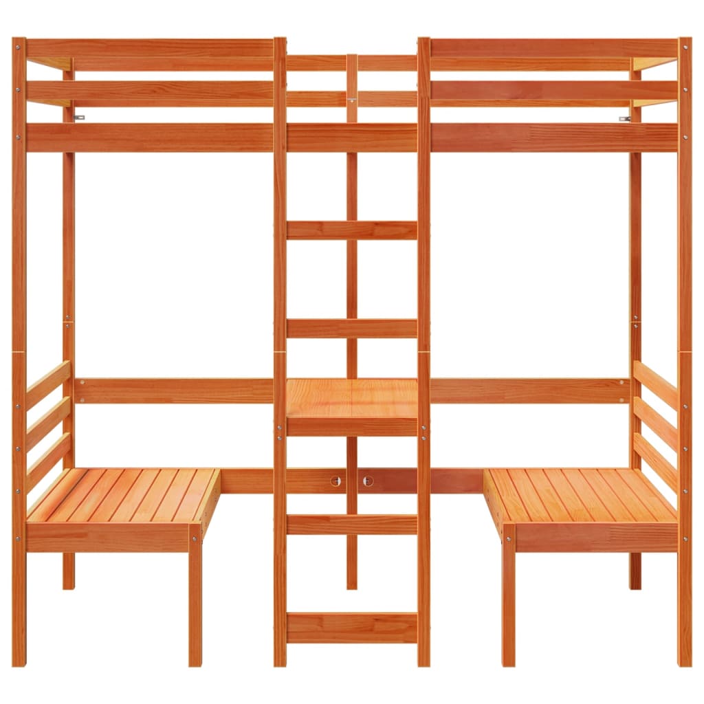 vidaXL Loft Bed Frame with Desk and Chairs Wax Brown 75x190cm Solid Wood Pine